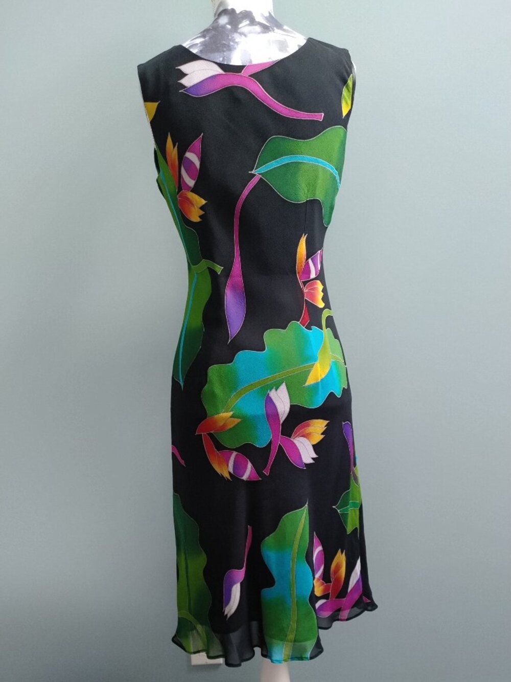 Silk Bias-Cut Black Dress with Colourful Tropical Floral Design, size S - Picture 4 of 5
